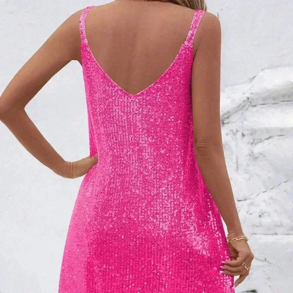 Hot Pink Sexy Women's Sleeveless Sequin V-Neck Mini Dress - Picture 2 of 4